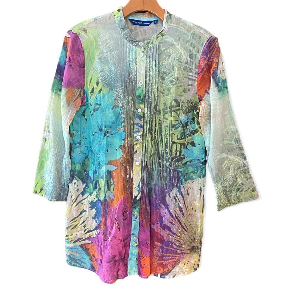 George Roth Sz S Green Pink Cotton Mandarin Collar Button 3/4 Sleeves Shirt
